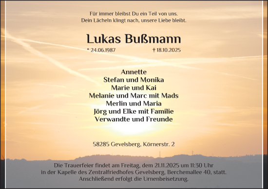 Traueranzeige von Lukas Bußmann von Tageszeitung