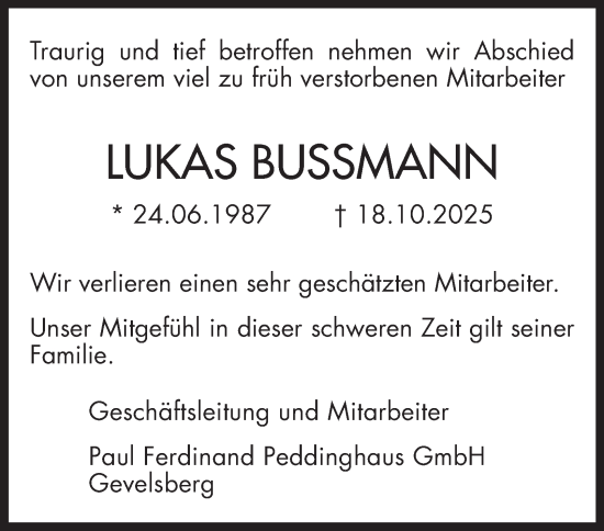 Traueranzeige von Lukas Bußmann von Tageszeitung