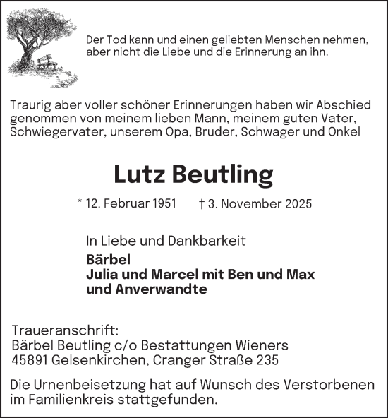 Traueranzeige von Lutz Beutling von Tageszeitung