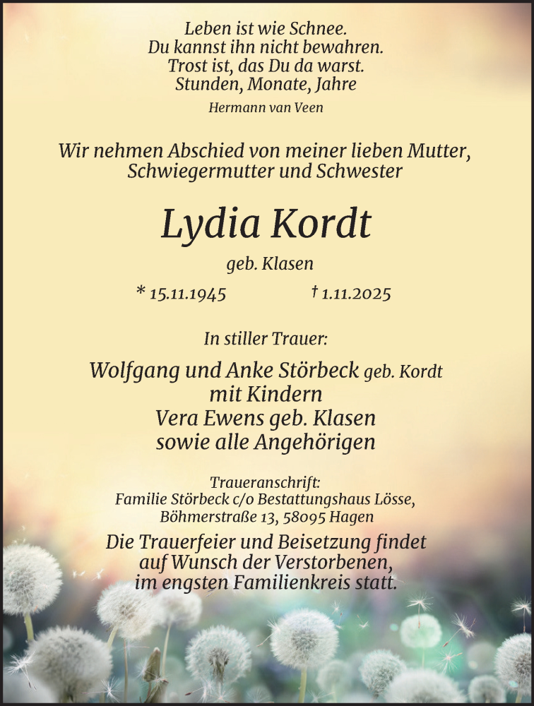  Traueranzeige für Lydia Kordt vom 29.11.2025 aus Tageszeitung