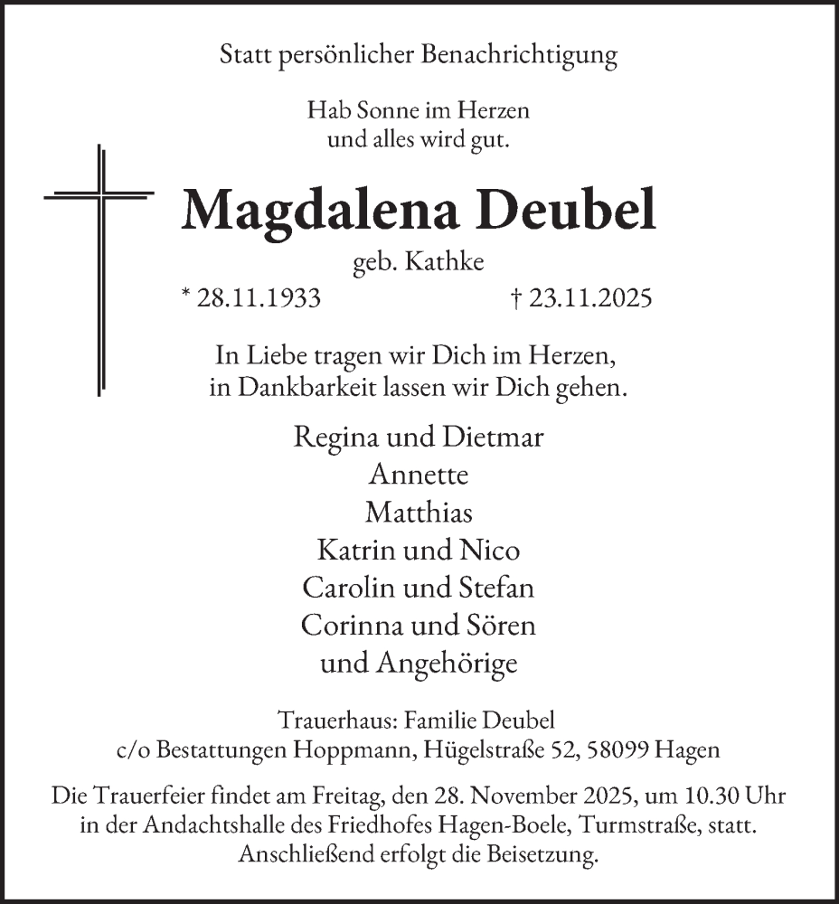 Traueranzeige für Magdalena Deubel vom 26.11.2025 aus Tageszeitung