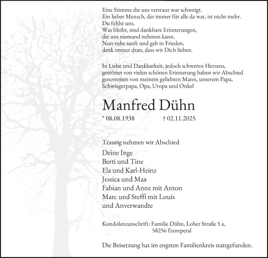 Traueranzeige von Manfred Dühn von Tageszeitung