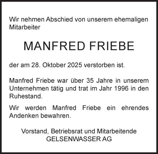 Traueranzeige von Manfred Friebe von Tageszeitung