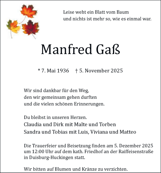 Traueranzeige von Manfred Gaß von Tageszeitung