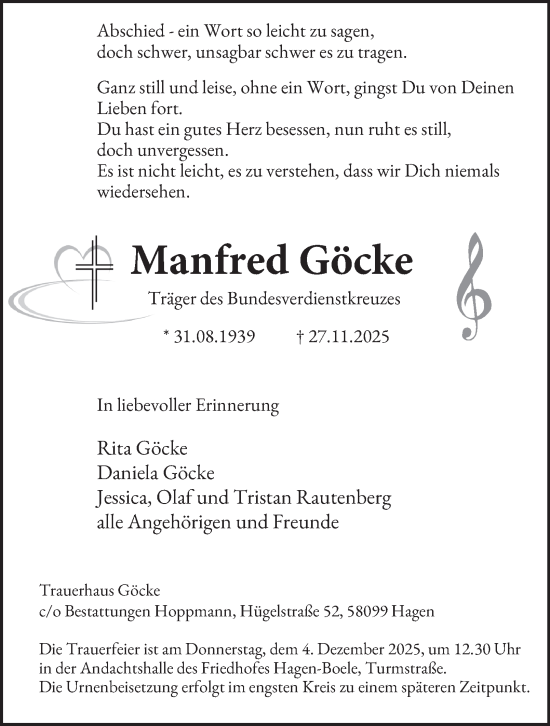 Traueranzeige von Manfred Göcke von Tageszeitung