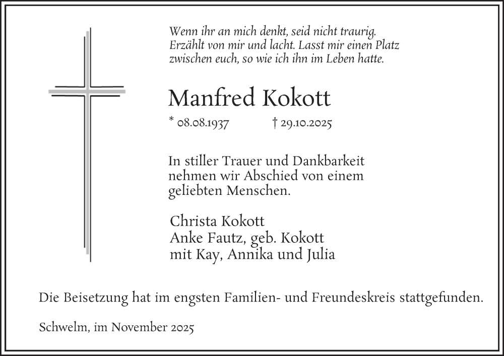  Traueranzeige für Manfred Kokott vom 08.11.2025 aus Tageszeitung