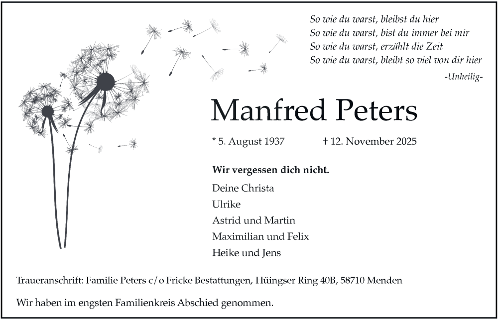  Traueranzeige für Manfred Peters vom 22.11.2025 aus Tageszeitung