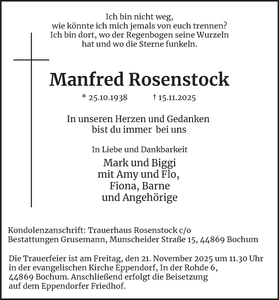  Traueranzeige für Manfred Rosenstock vom 19.11.2025 aus Tageszeitung