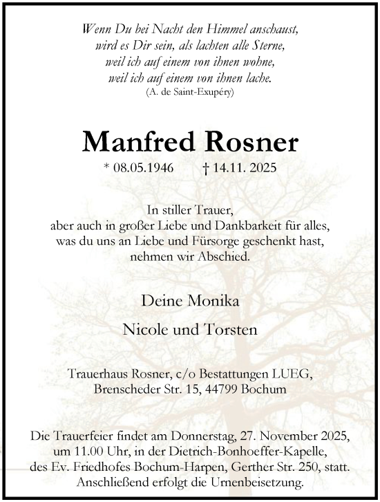 Traueranzeige von Manfred Rosner von Tageszeitung