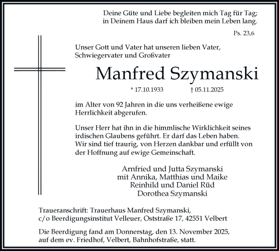 Traueranzeige von Manfred Szymanski von Tageszeitung
