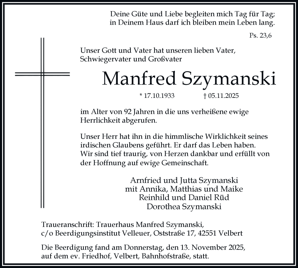  Traueranzeige für Manfred Szymanski vom 15.11.2025 aus Tageszeitung