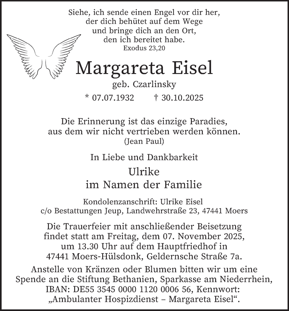  Traueranzeige für Margareta Eisel vom 05.11.2025 aus Tageszeitung