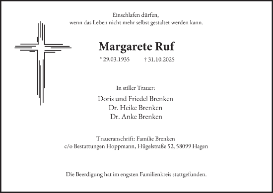 Traueranzeige von Margarete Ruf von Tageszeitung