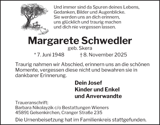 Traueranzeige von Margarete Schwedler von Tageszeitung
