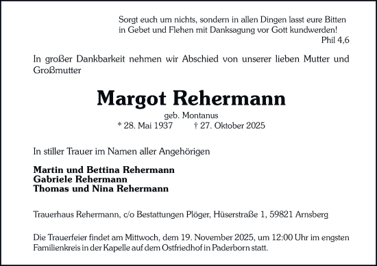 Traueranzeige von Margot Rehermann von Tageszeitung