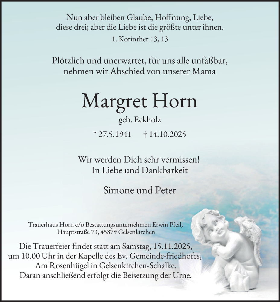  Traueranzeige für Margret Horn vom 08.11.2025 aus Tageszeitung
