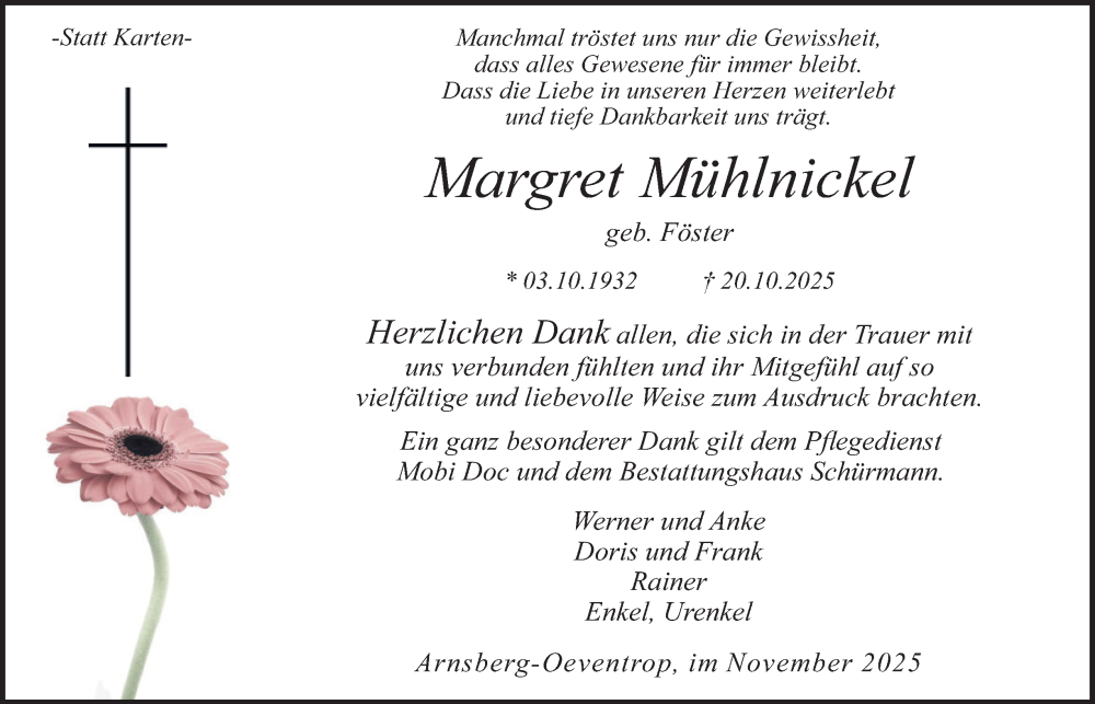  Traueranzeige für Margret Mühlnickel vom 29.11.2025 aus Tageszeitung