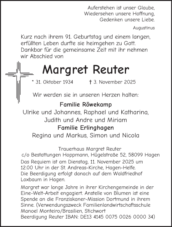 Traueranzeige von Margret Reuter von Tageszeitung