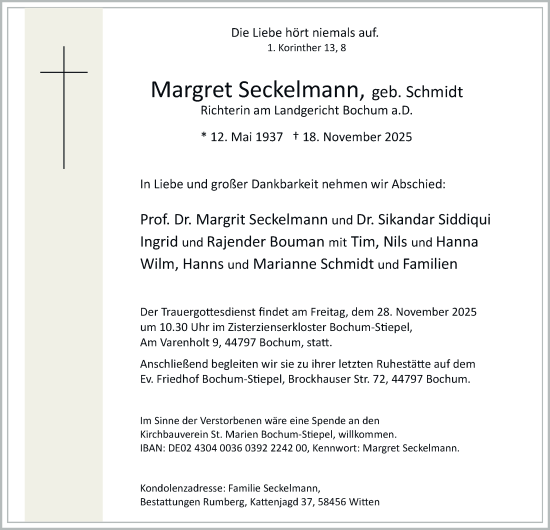 Traueranzeige von Margret Seckelmann von Tageszeitung