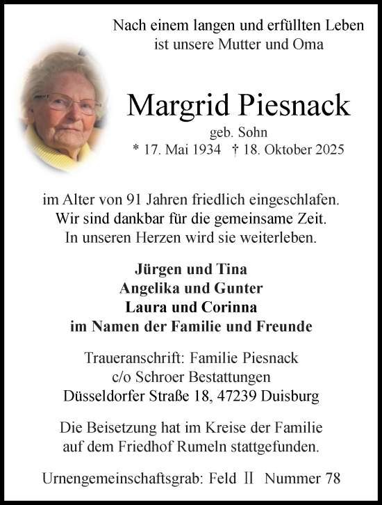 Traueranzeige von Margrid Piesnack von Tageszeitung