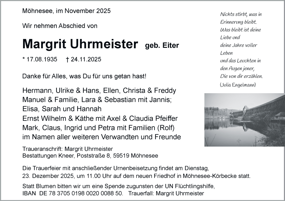  Traueranzeige für Margrit Uhrmeister vom 29.11.2025 aus Tageszeitung