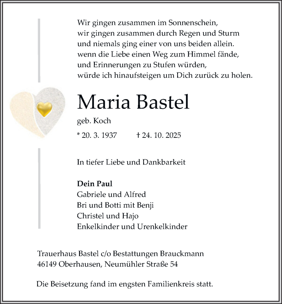  Traueranzeige für Maria Bastel vom 08.11.2025 aus Tageszeitung
