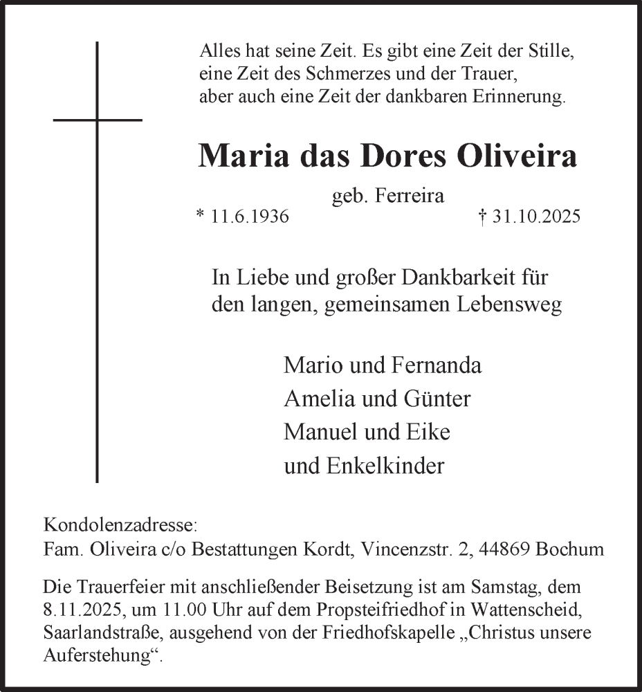  Traueranzeige für Maria  das Dores Oliveira vom 07.11.2025 aus Tageszeitung