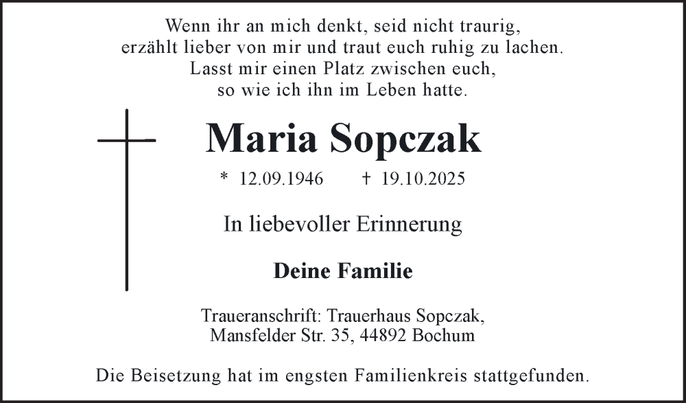  Traueranzeige für Maria Sopczak vom 08.11.2025 aus Tageszeitung