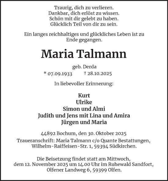 Traueranzeige von Maria Talmann von Tageszeitung