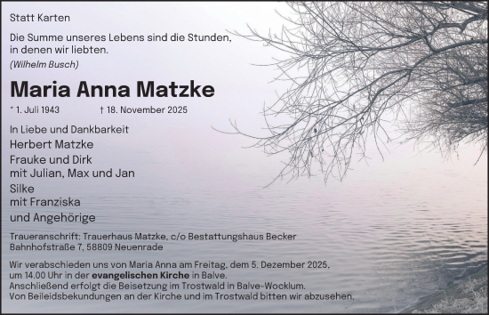 Traueranzeige von Maria Anna Matzke von Tageszeitung