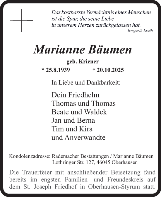 Traueranzeige von Marianne Bäumen von Tageszeitung