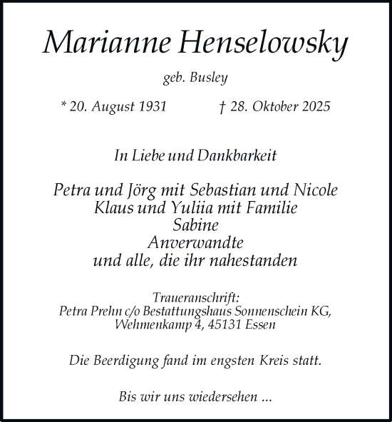 Traueranzeige von Marianne Henselowsky von Tageszeitung