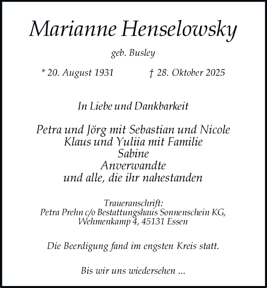 Traueranzeige für Marianne Henselowsky vom 08.11.2025 aus Tageszeitung