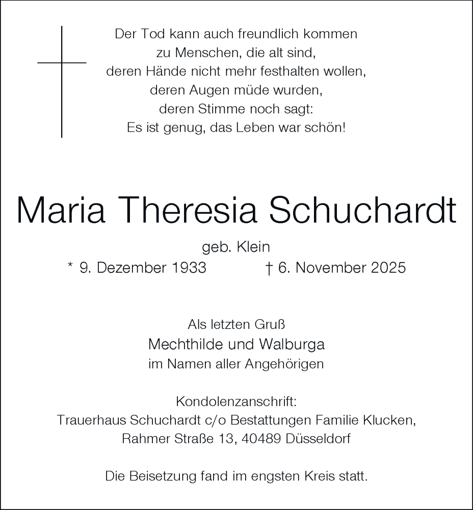  Traueranzeige für Maria Theresia Schuchardt vom 15.11.2025 aus Tageszeitung