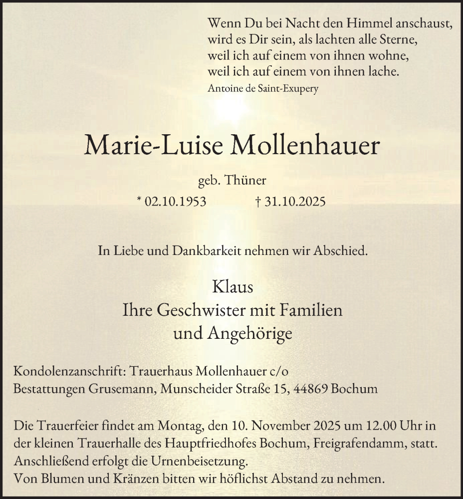  Traueranzeige für Marie-Luise Mollenhauer vom 06.11.2025 aus Tageszeitung