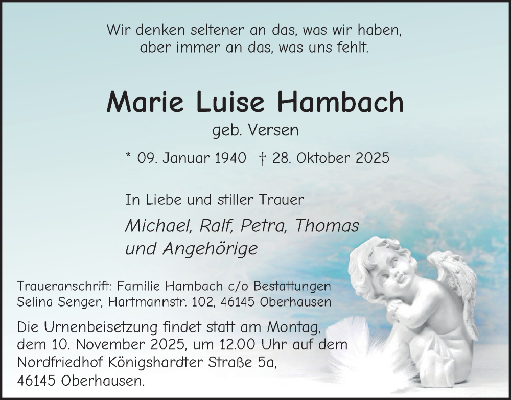  Traueranzeige für Marie Luise Hambach vom 08.11.2025 aus Tageszeitung
