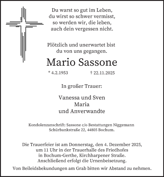 Traueranzeige von Mario Sassone von Tageszeitung