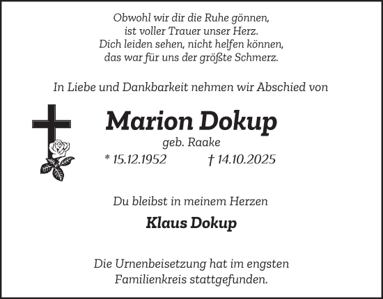 Traueranzeige von Marion Dokup von Tageszeitung
