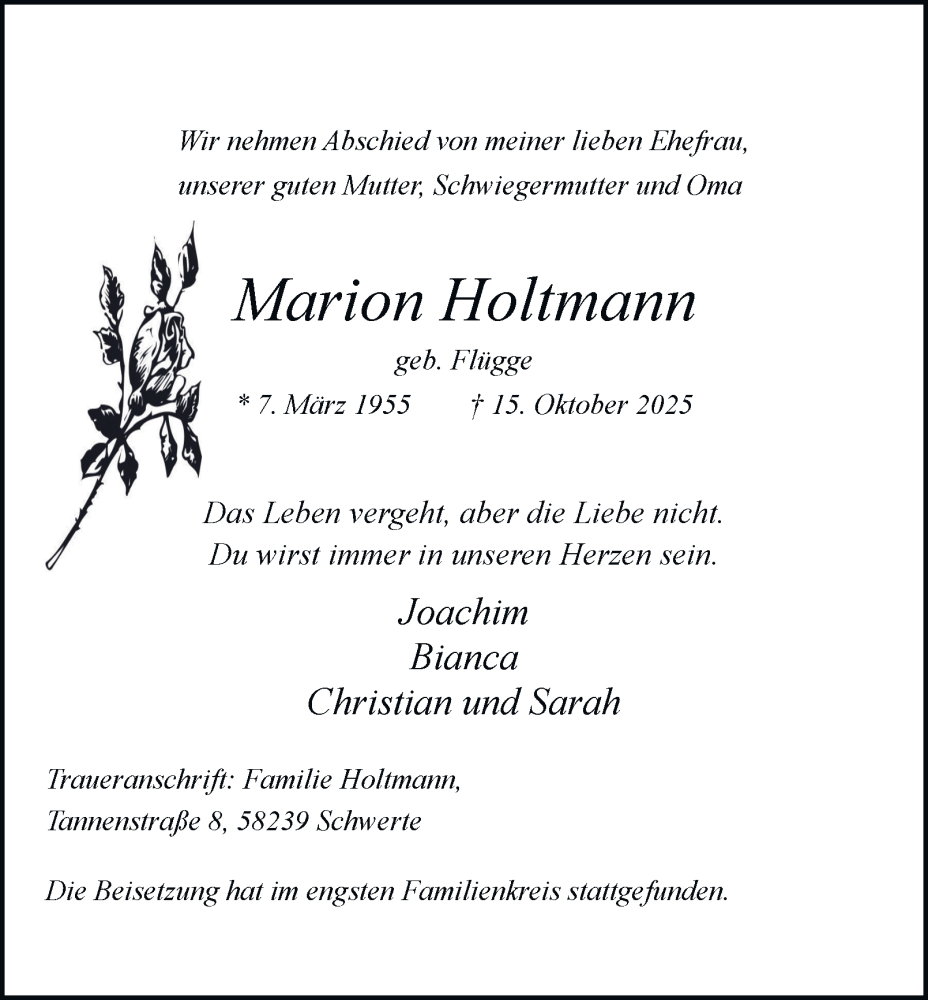  Traueranzeige für Marion Holtmann vom 15.11.2025 aus Tageszeitung