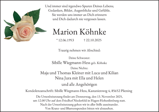 Traueranzeige von Marion Köhnke von Tageszeitung