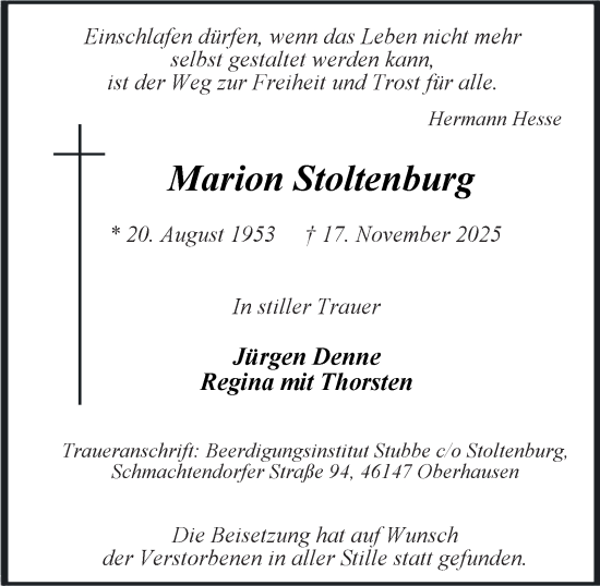 Traueranzeige von Marion Stoltenburg von Tageszeitung