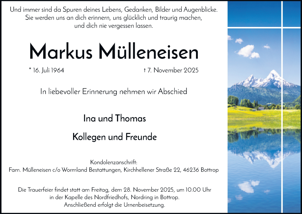  Traueranzeige für Markus Mülleneisen vom 22.11.2025 aus Tageszeitung