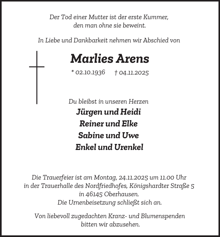  Traueranzeige für Marlies Arens vom 22.11.2025 aus Tageszeitung