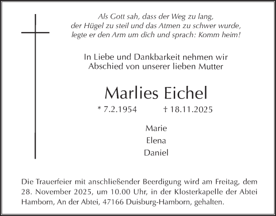 Traueranzeige von Marlies Eichel von Tageszeitung