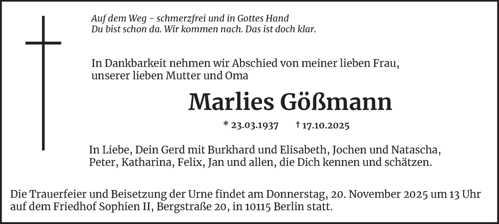  Traueranzeige für Marlies Gößmann vom 04.11.2025 aus Tageszeitung