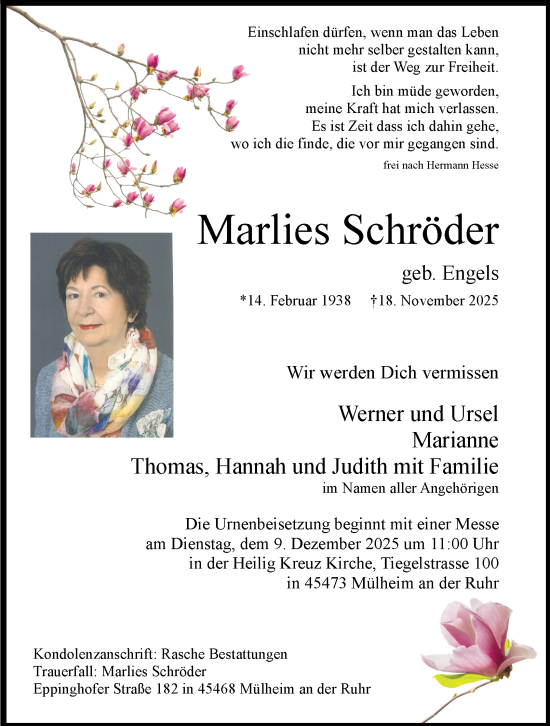 Traueranzeige von Marlies Schröder von Tageszeitung