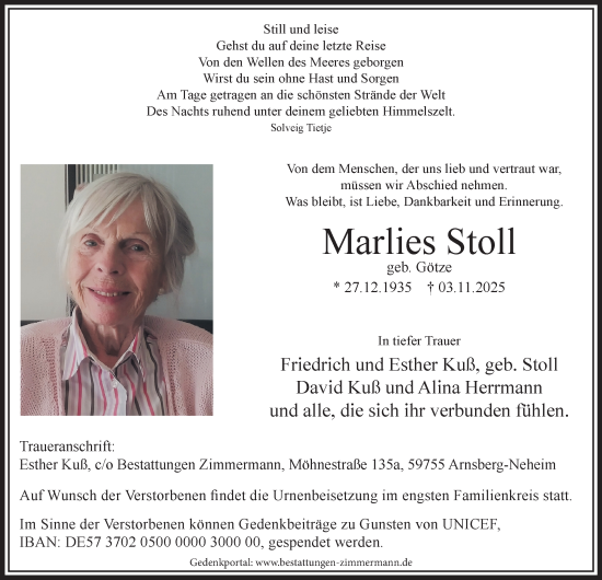 Traueranzeige von Marlies Stoll von Tageszeitung