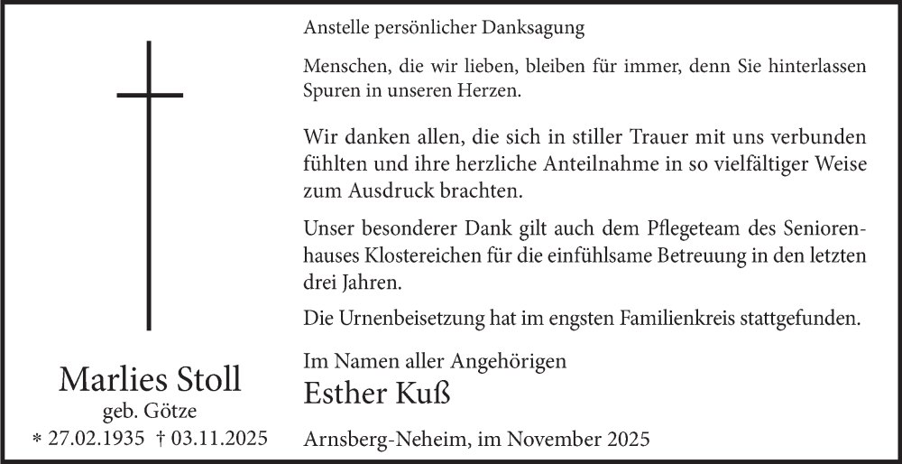  Traueranzeige für Marlies Stoll vom 29.11.2025 aus Tageszeitung