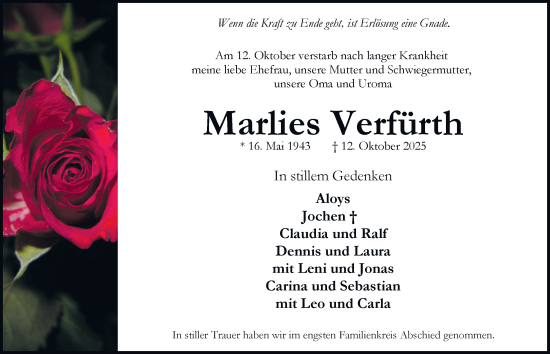 Traueranzeige von Marlies Verfürth von Tageszeitung