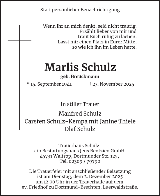 Traueranzeige von Marlis Schulz von Tageszeitung